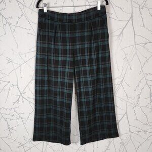 Ichi Green Plaid Tartan Pleated Front Pull On Wide Leg Crop Pants